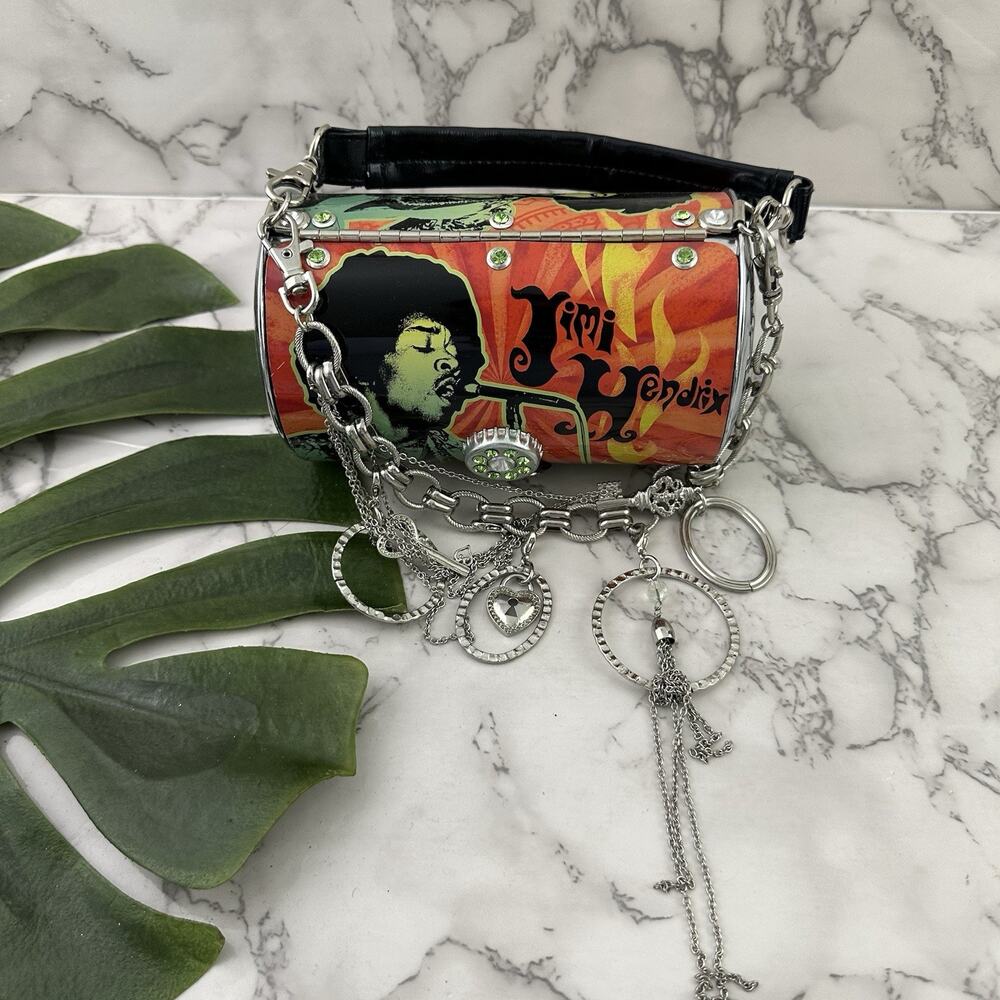 Jimi Hendrix Vintage Y2k Tin Purse Bag Tote Red Silver Chunky Chain Charm Round